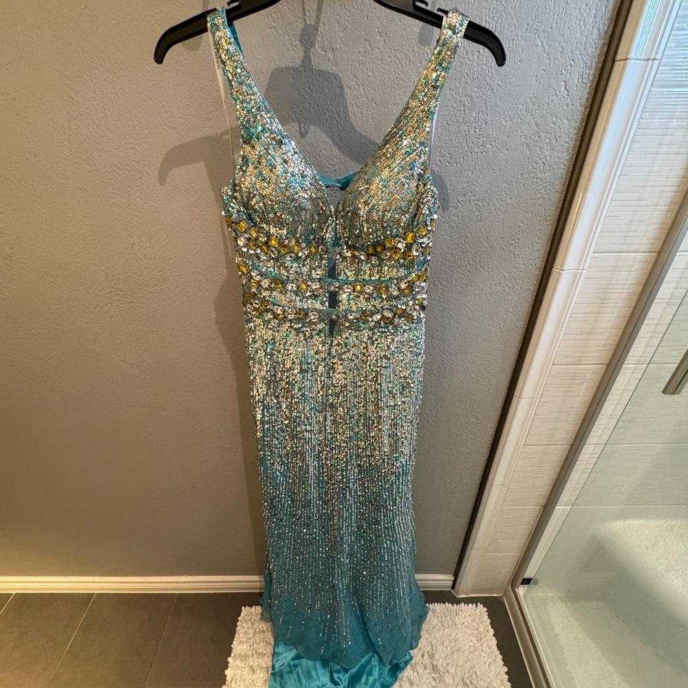 Sherri Hill Turquoise Sequin Formal Dress